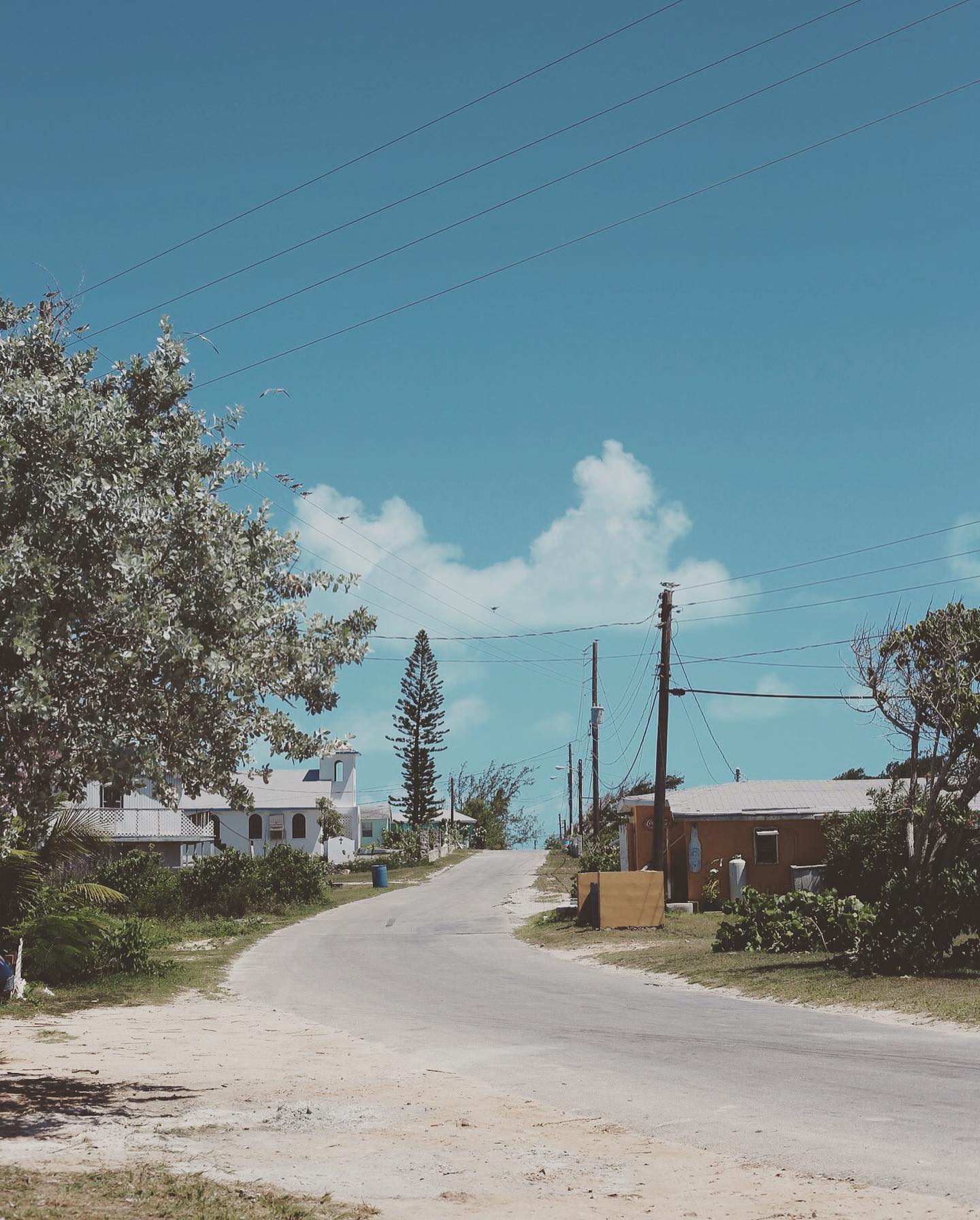 A quiet residential street leads uphill with homes, trees, and power lines under a bright, partly cloudy sky.