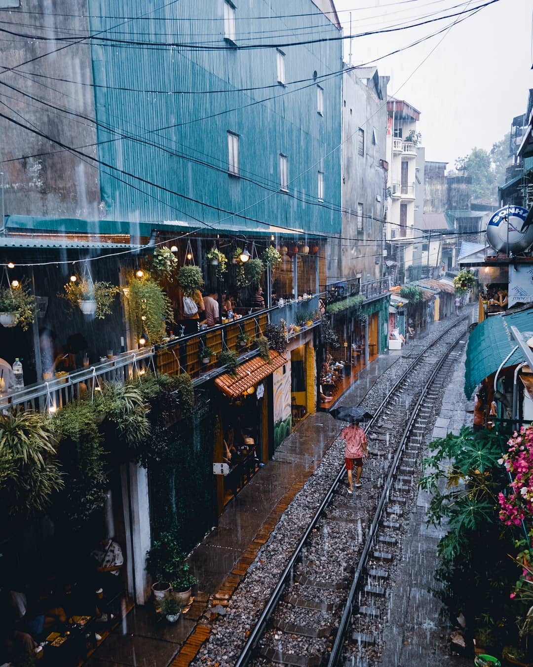 A person walks along train tracks in a rainy urban scene with buildings and plants.