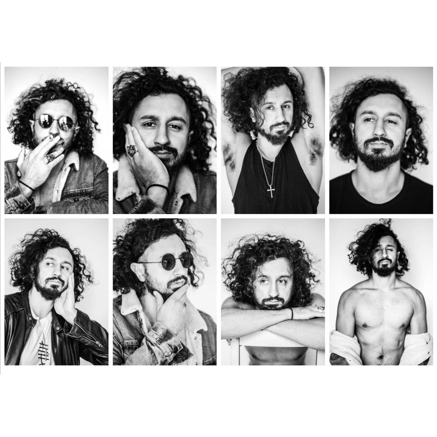 A black and white grid of a curly-haired man's portraits showcases diverse expressions and styles.