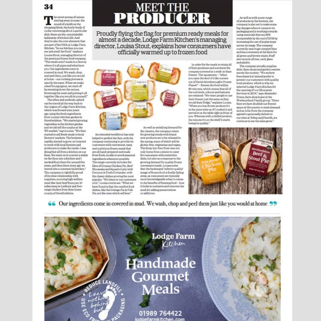 Advertisement for Lodge Farm Kitchen ready meals, highlighting Louisa Stout and the brand's commitment to quality.