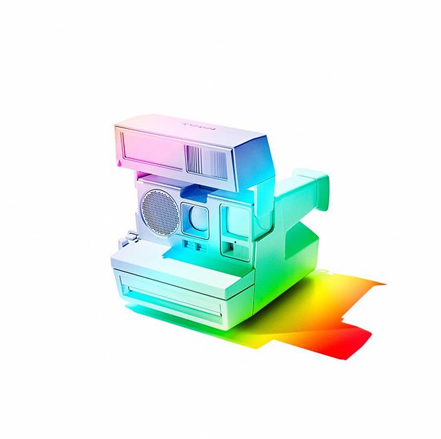A white Polaroid instant camera is displayed against a white background, illuminated with vibrant, playful colors.