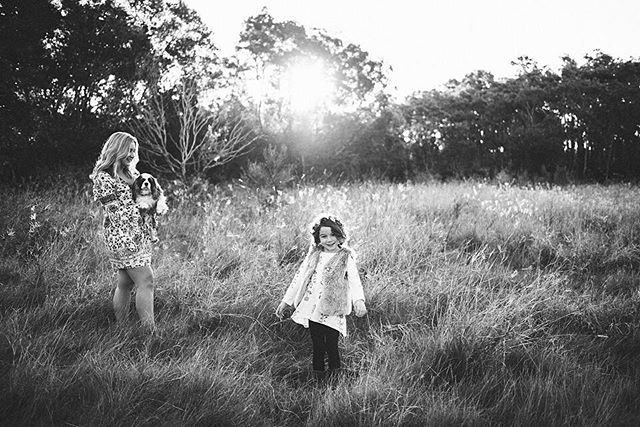 A woman holds a dog while a child walks in a sunlit, grassy field.