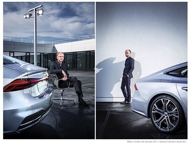 An Audi designer poses with a silver car in a modern, editorial style perfect for social media advertising.
