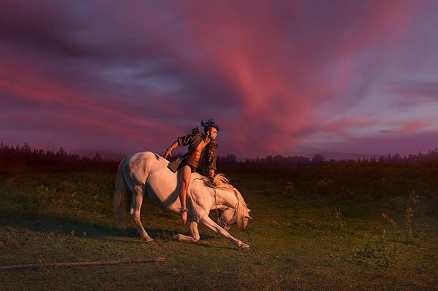 A man rides a white horse in a field at sunset, creating a dramatic and powerful image.