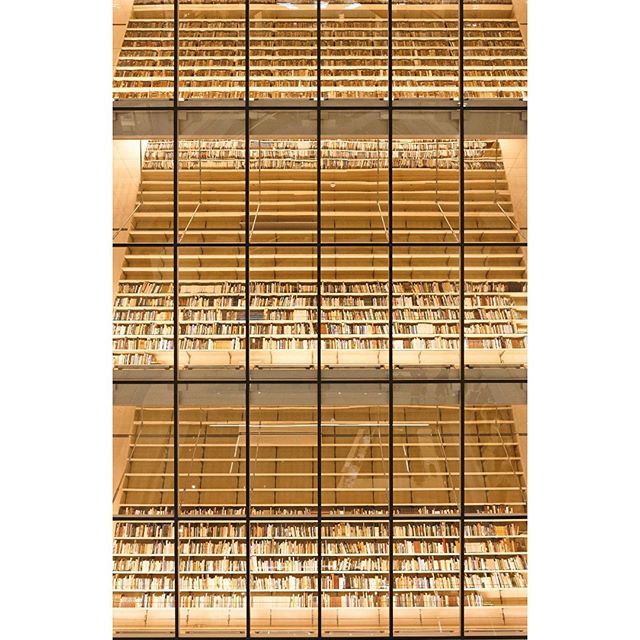 A multi-story library displays rows of books and wooden structures through a windowed facade.