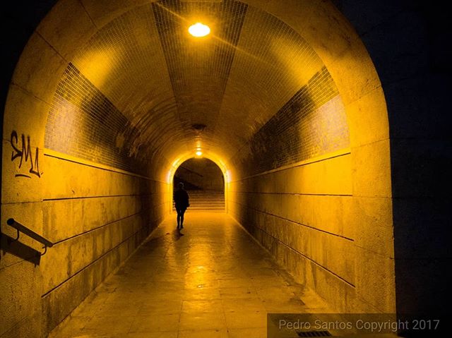 A lone figure walks through a brightly lit tunnel, creating a sense of mystery.