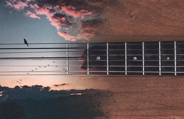 A guitar fretboard blends into a sky with clouds and birds creating a calm and artistic scene.