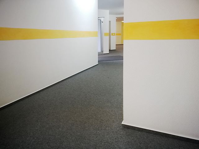 A modern hallway with white walls and a yellow stripe for wayfinding and interior design.