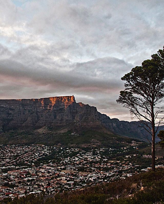 Panoramic view of Cape Town beneath Table Mountain against a cloudy sky at sunset. Scenic travel destination.