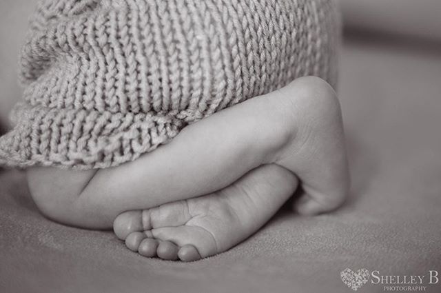 A close-up black and white studio shot featuring a baby's feet and toes, capturing a tender, soft moment.