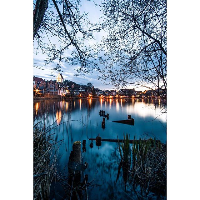 A tranquil lake reflects city lights at dusk, framed by trees. A peaceful urban landscape.