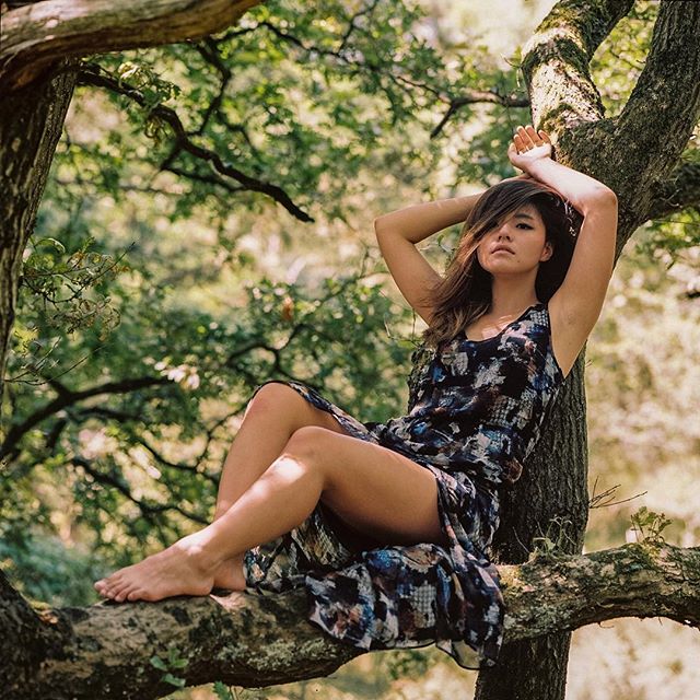 A woman sits barefoot in a tree wearing a dress surrounded by leaves.