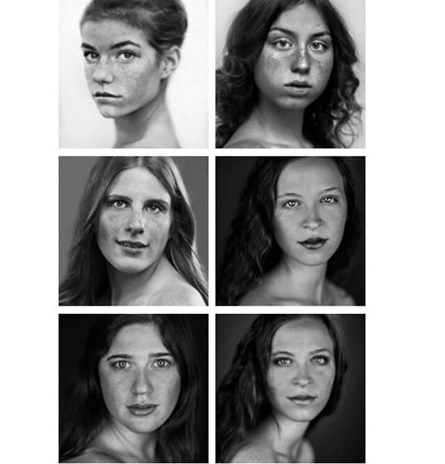 Six black and white portraits of diverse women looking directly at the camera in a studio setting with soft, diffused lighting.