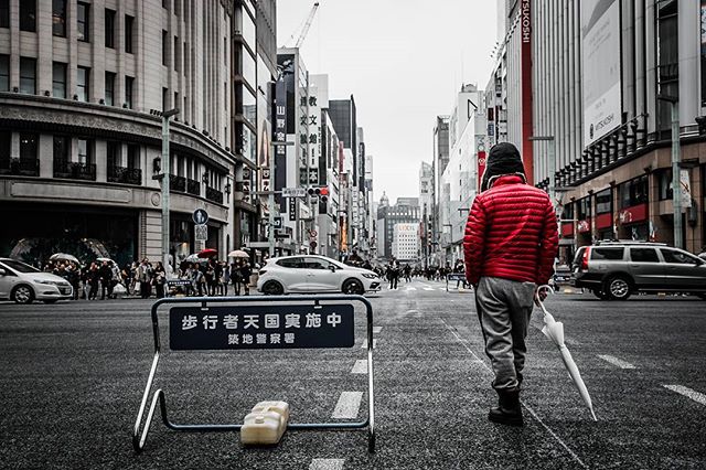 A person stands in a Tokyo street with cars and pedestrians, holding an umbrella on a cloudy day.