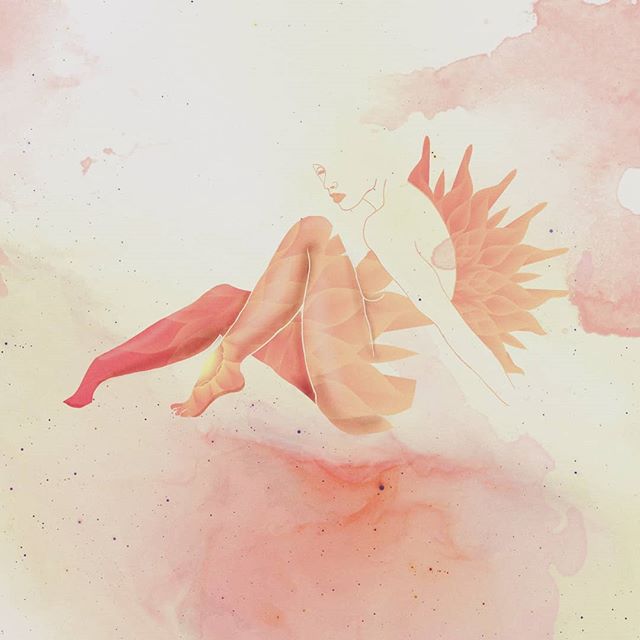 Ethereal watercolor illustration of a nude woman with sun-like wings in soft pastel tones for wellness and self-care campaigns.