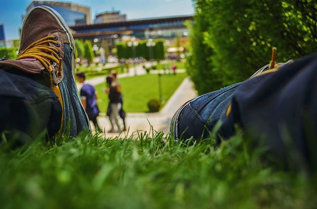 Relaxing in the grass on a sunny day, enjoying a park setting with city views and people walking by.