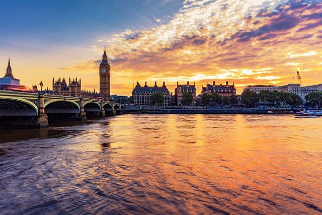 Scenic view of London with the River Thames, Big Ben, and Westminster Bridge at sunset.