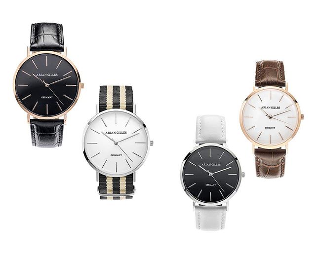 A collection of elegant Arian Gilles wrist watches with different straps and colors displayed on a white background.