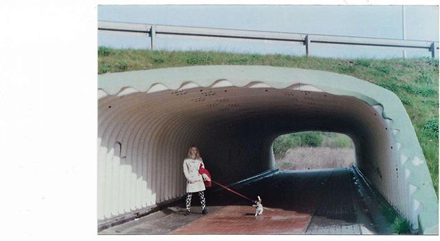 A woman is walking a dog through a concrete tunnel on a leash in the daytime.