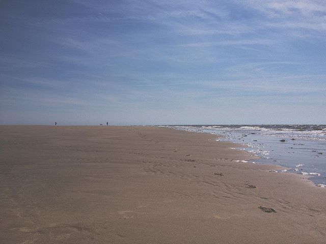 A tranquil beach scene with a sandy shore meeting the sea under a blue sky. Footprints mark the sand.