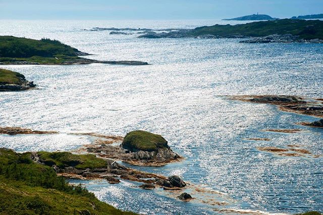 A scenic view of a rocky coastline with glistening ocean water and small islands under a bright sky.