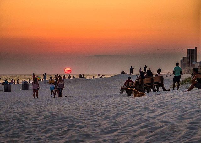 People enjoying a peaceful sunset on the beach near buildings in the distance.