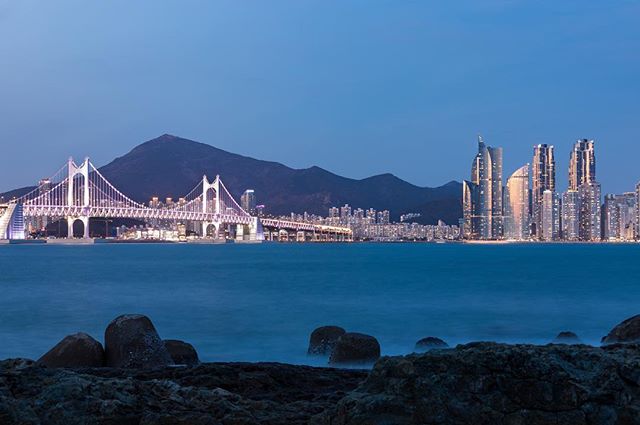 Illuminated Gwangan Bridge and Busan skyline at night, a tranquil urban scene.