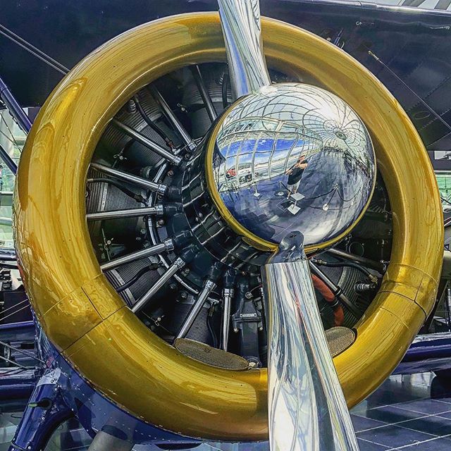 A close-up showcases the radial engine and polished propeller of a vintage airplane, reflecting its aviation history.