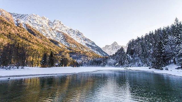 A serene winter landscape with snow-capped mountains, a calm lake, and a lush forest creating a tranquil scene.