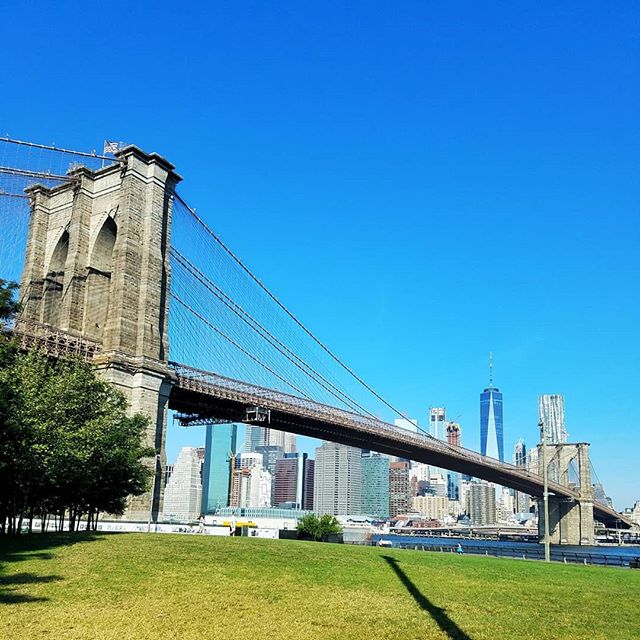 The Brooklyn Bridge stretches across the water, set against the NYC skyline on a clear day.