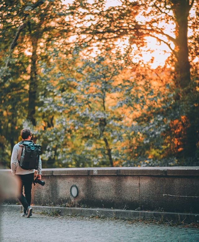 A man with a backpack and camera walks along a path in a park at sunset. Golden light filters through the trees.