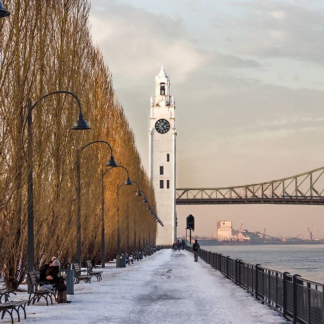 A scenic view of a clock tower and waterfront on a snowy day, capturing the calm beauty of winter in the city.