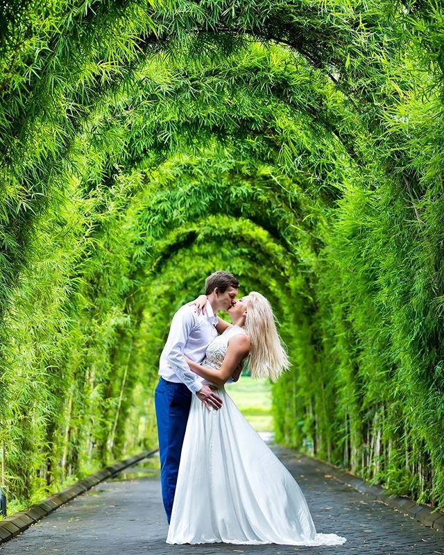 A bride and groom share a kiss under a lush green tunnel, creating a romantic and serene moment.