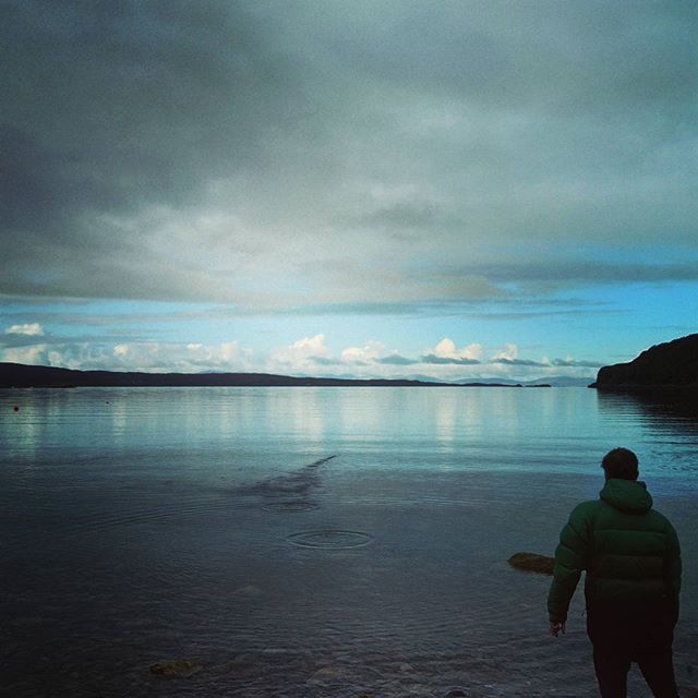 A person in a green jacket stands by a calm lake under a cloudy sky, enjoying the scenery.
