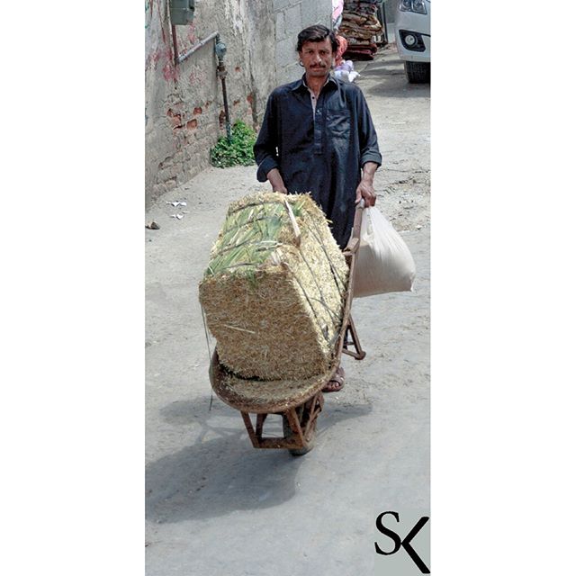 A man pulls a wheelbarrow loaded with a hay bale and carrying a bag in a street.