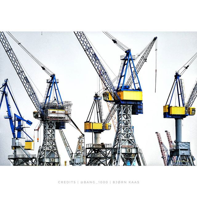 A low angle shot shows various blue and yellow cranes in a harbor, emphasizing the strength and complexity of industry.