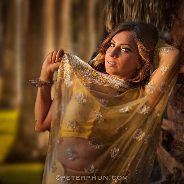 A beautiful woman poses in an elegant sari, showcasing cultural fashion and confident beauty.