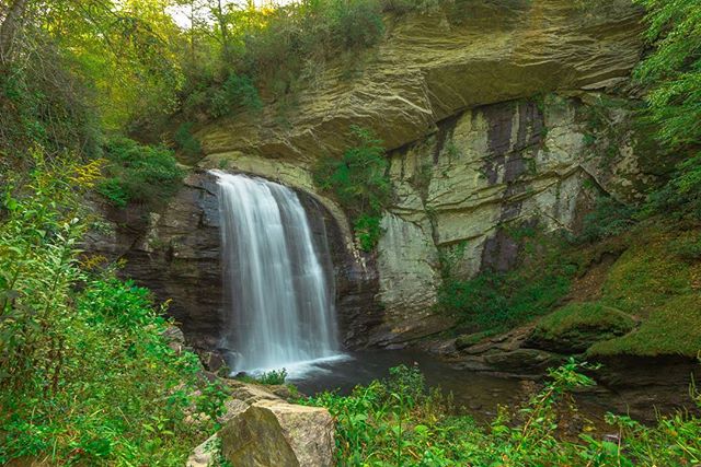 A scenic waterfall cascades down a rocky cliff, surrounded by lush green foliage in a natural forest setting.