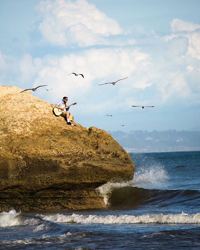 A man plays guitar on a rock by the ocean as birds fly overhead, creating a serene coastal scene.