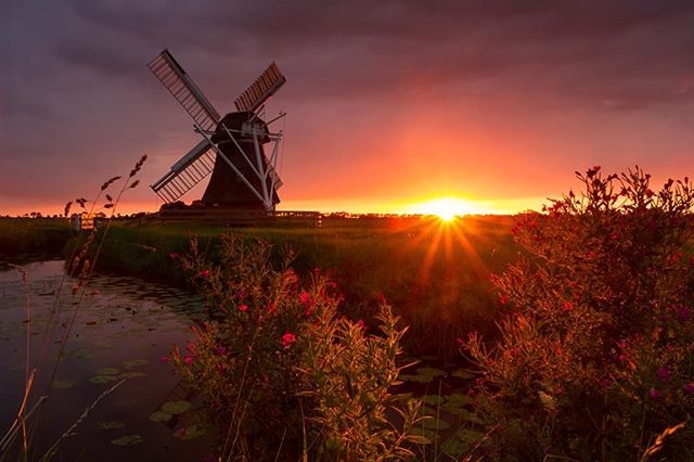 A scenic sunset over a rural landscape featuring a traditional windmill and a tranquil canal.