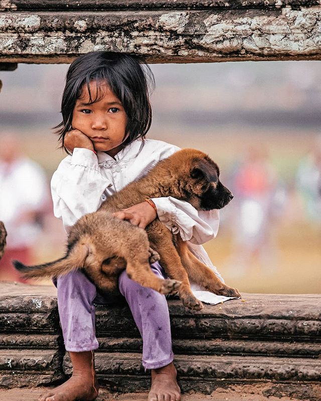 A young girl sits holding a puppy, looking thoughtfully at the camera in a rural setting.