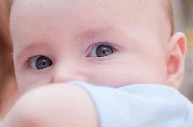 A close-up of a baby's face reveals soft features and captivating eyes, creating an intimate and tender moment.