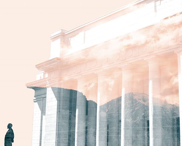 Monumental architecture and statue blend in a dreamy, light-infused urban landscape.