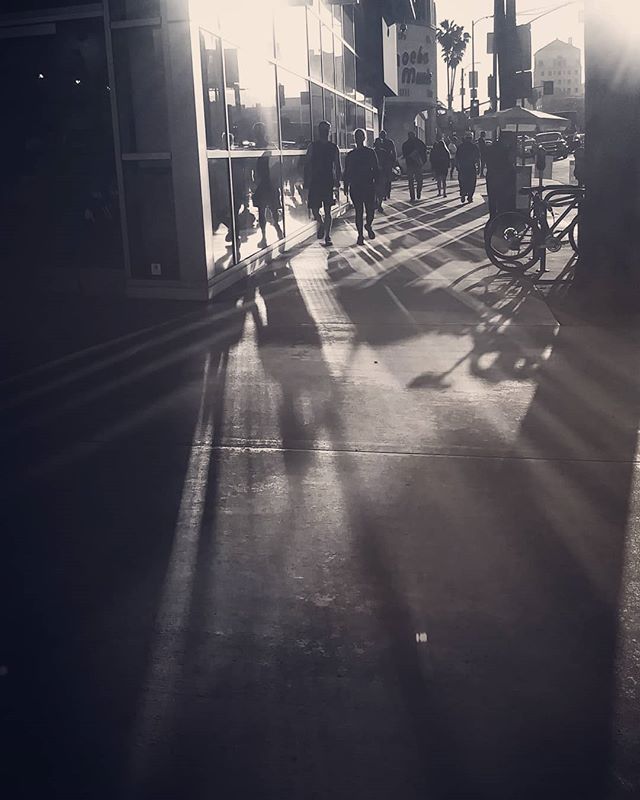 People walk down a sun-drenched city street casting long shadows in this black and white urban scene.