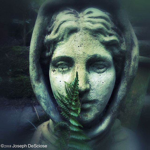 A close-up of a weathered statue of a woman with a fern covering part of her face, in a garden or cemetery setting.