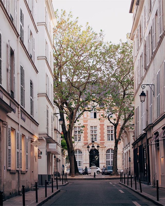 A picturesque street scene in Europe with classic architecture and lush trees.