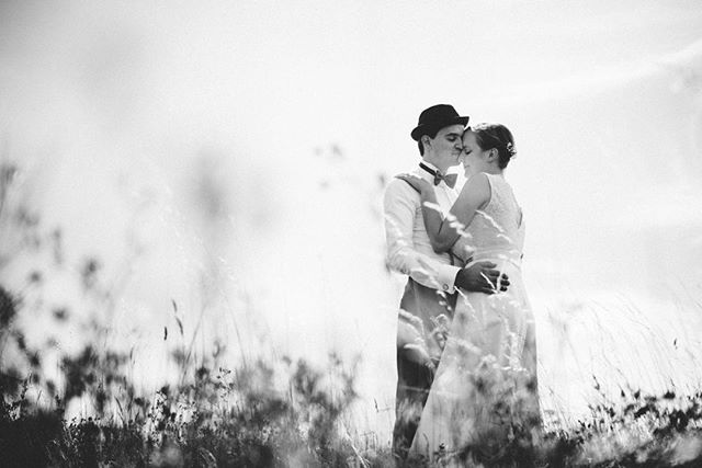 A bride and groom share a kiss in a field of tall grass on their wedding day in a black and white image.
