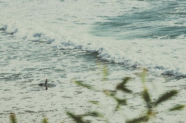 A surfer in the ocean waits for the perfect wave on a hazy day.
