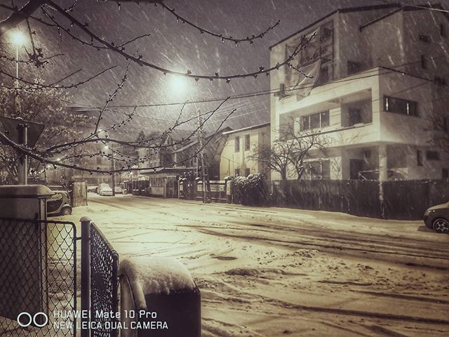 A snow-covered street at night with buildings, trees, and a car in a monochrome scene.