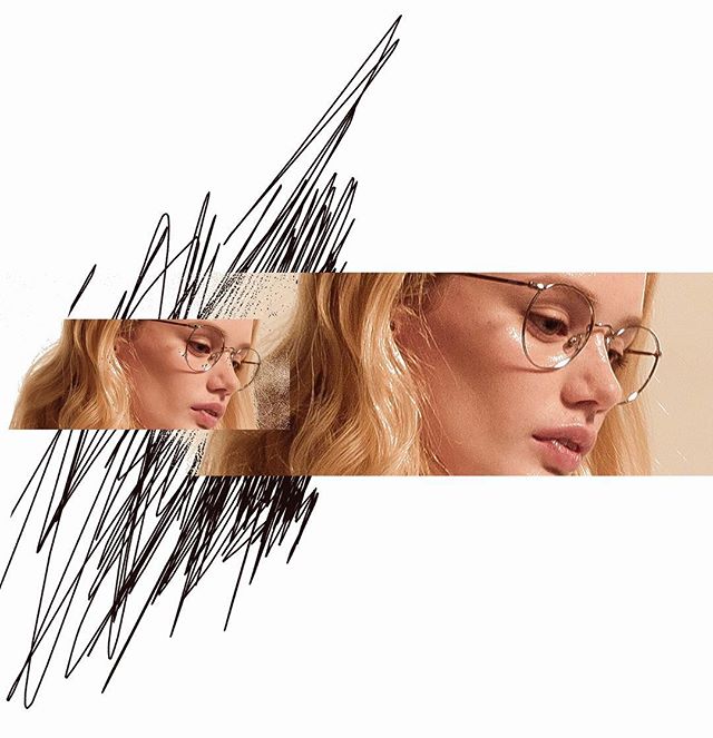 A blonde woman wears round eyeglasses in a close-up studio shot for an eyewear ad.